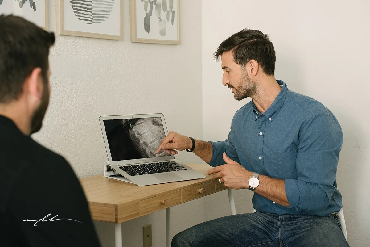 Dr. Nicholas Deliberato explaining a spine image during a consultation